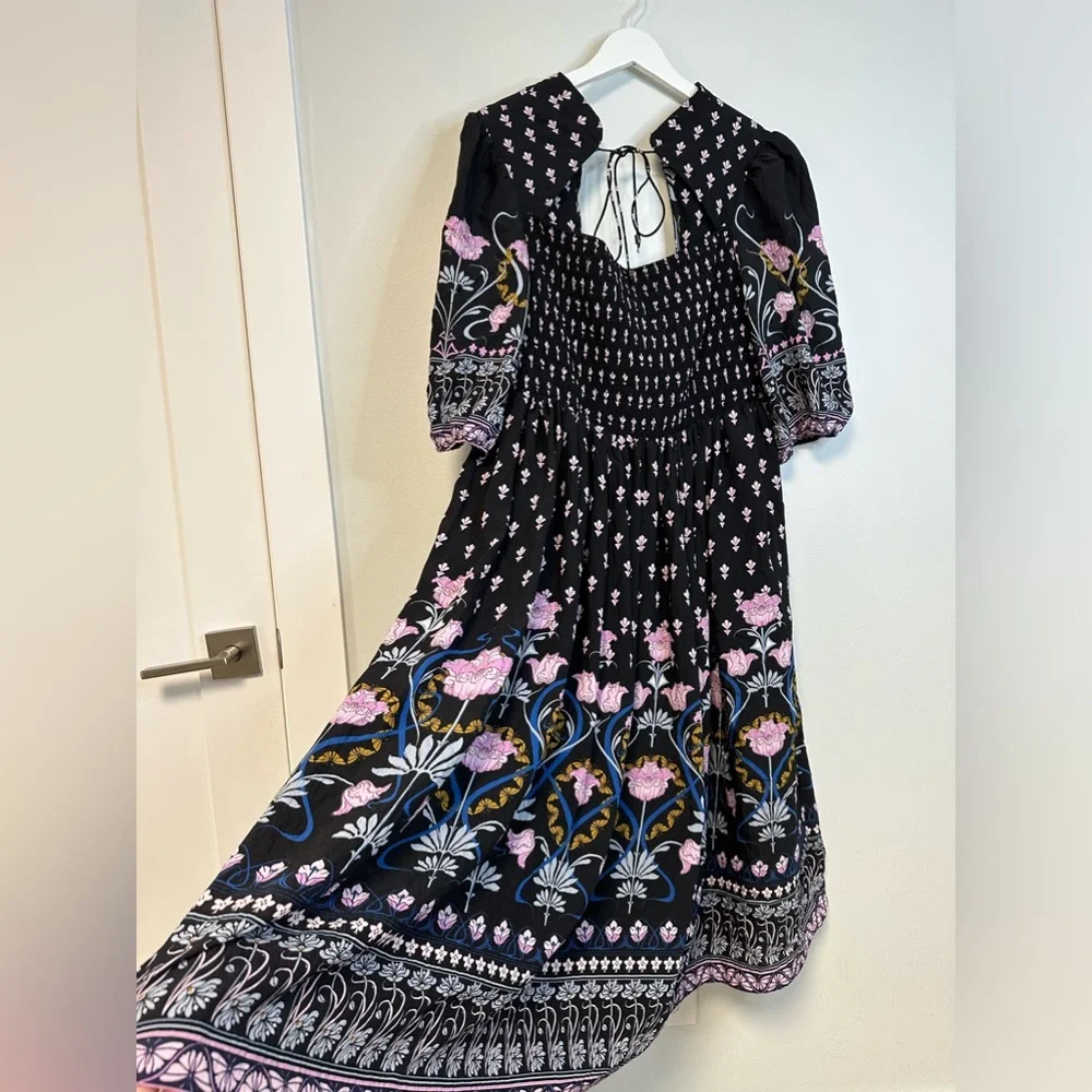 Anthropologie Dasha Smocked Midi Floral Tie  Bohemian Dress Size Large - Picture 10 of 17